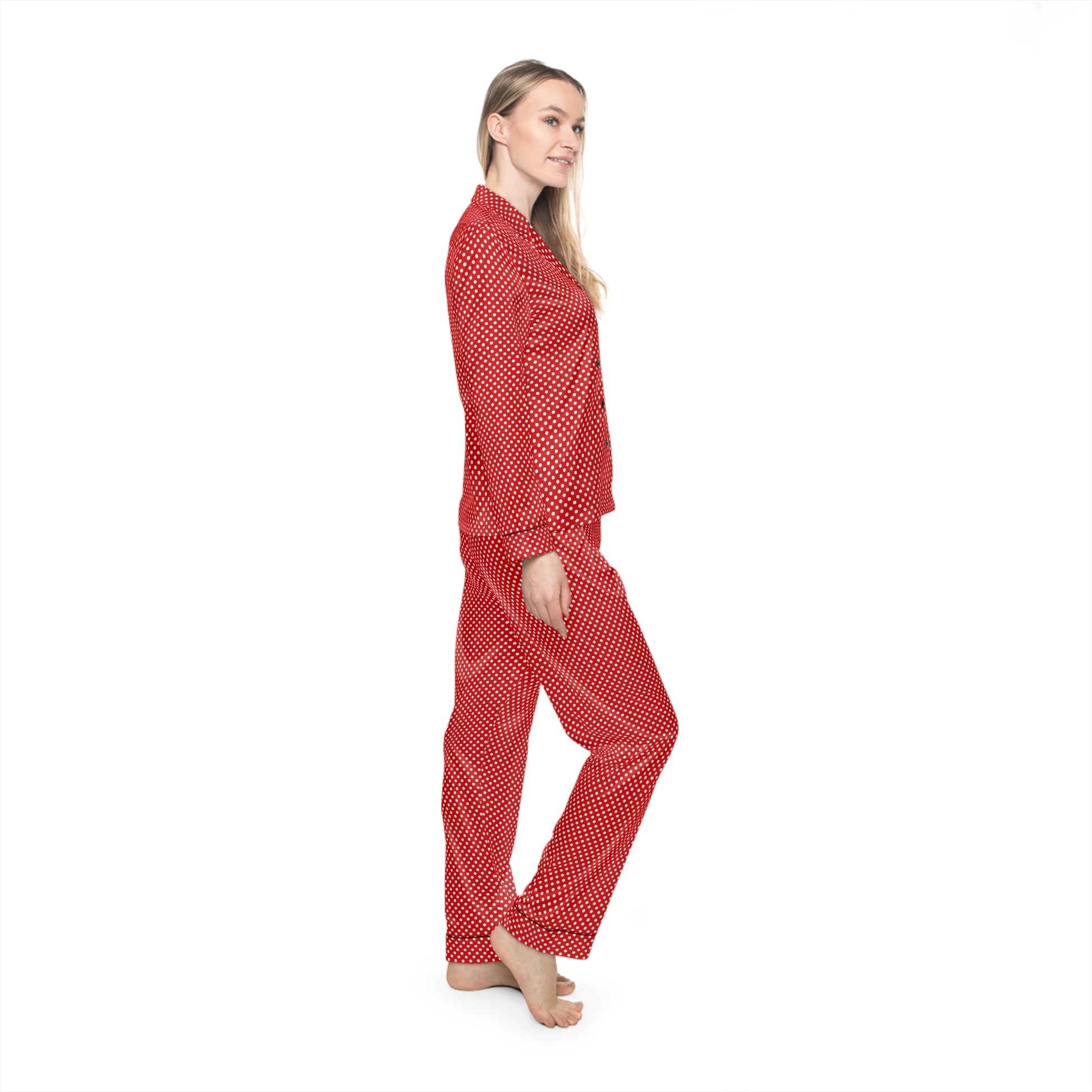 Red Polka Dots | Women's Satin Pajamas (AOP) | Printed Night Suit for Women - Done With Love Store