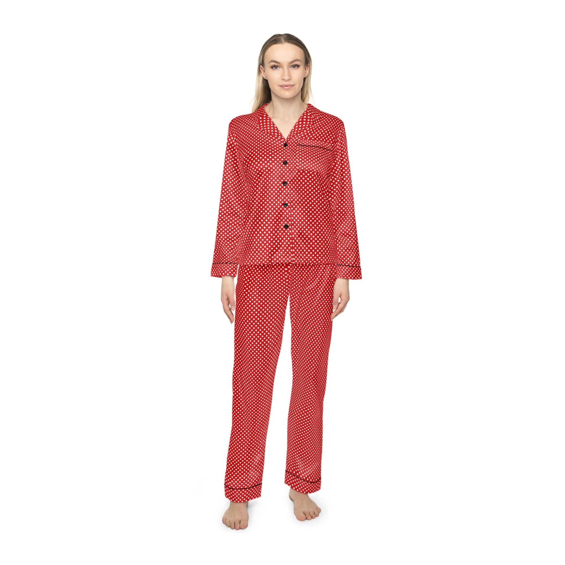 Red Polka Dots | Women's Satin Pajamas (AOP) | Printed Night Suit for Women - Done With Love Store