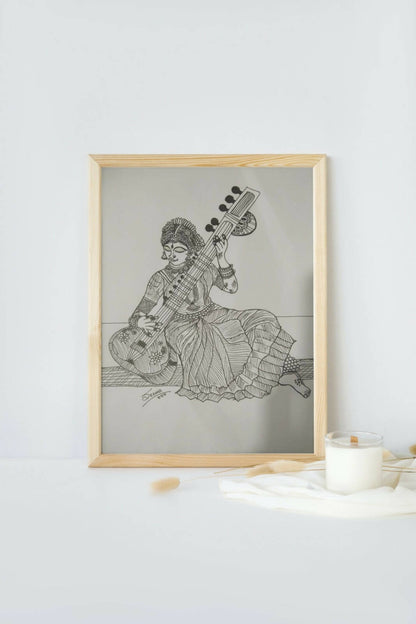 BEAUTIFUL LADY WITH SITAR -BW15 | HOUSE WARMING GIFTS| HOME DECOR| New Home Art | Housewarming Gift | Custom House Art | House Wall Art | Home Sweet Home | Gifts with Purpose BY DONE WITH LOVE - Done With Love Store